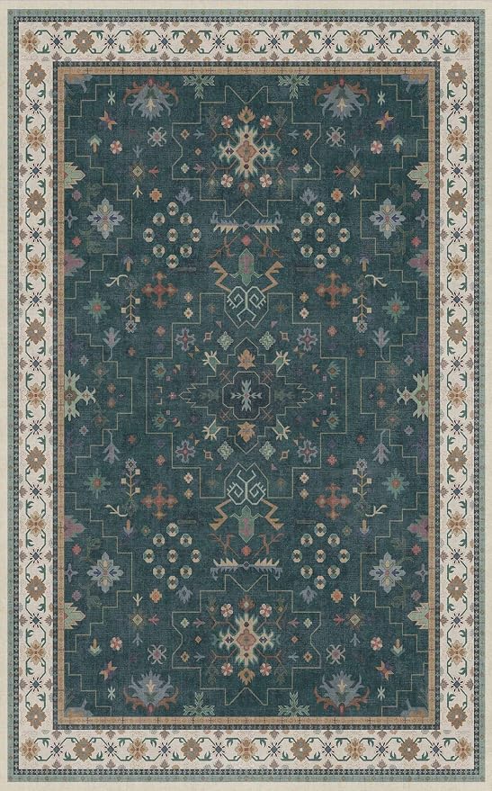 Dark Green Oushak 5x8 Living Room Rug - Modern Vintage Boho Eclectic Floral Pastel, Washable Low Pile Non-Slip Large Area Rugs for Nursery Dining Under Table Bedroom Lounge