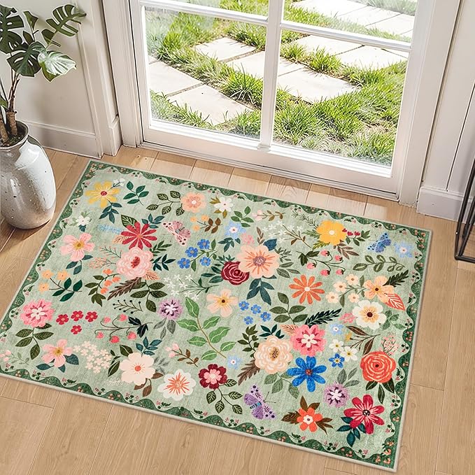 PLHXFR 2x3 Small Entryway Rug: Floral Washable Indoor Soft Carpet Green | For Entrance, Bedroom, Kitchen, Laundry, Bathroom,Door Mat,Vintage Floral,Machine washable,Non-Slip,Stain Resistant,Indoor