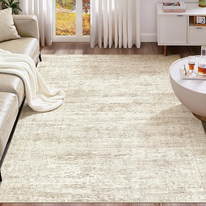 UERMEI 10x14 Washable Area Rug - Neutral Modern Abstract Living Room Rugs, Non-Slip Soft Large Indoor Floor Carpet for Bedroom Home Office & Under Dining Table Decor, Beige/Brown