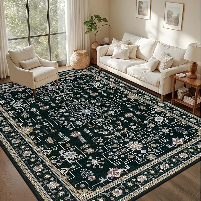 8x10 Area Rugs Living Room: Washable Vintage Rug for Bedroom Black | Boho No Slip Stain Resistant Rug Soft Indoor Decor Floor Floral Area Rugs for Dining Room, Nursery, Hallway, Home Office