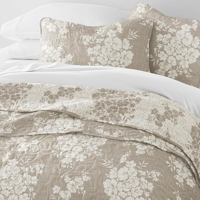 Merit Linens 3 Piece Quilt Set - Super Soft - Lightweight - All Season Quilted Coverlet - Timeless Patterns - Full/Queen Taupe