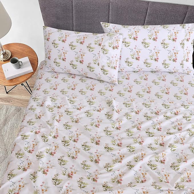 RUVANTI 100% Cotton Percale Sheets Full Size, Floral Bliss | Crisp Cooling, Deep Pocket 16", Soft Breathable & Durable, Hotel-Style, 4 Piece Set