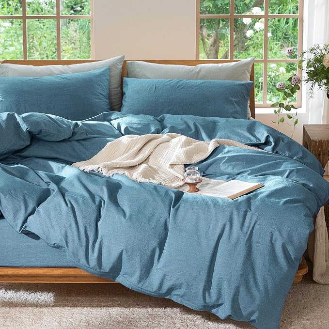 MooMee Duvet Cover Set 100% Washed Cotton Linen Like King | Relaxed Linen-like Texture. Soft, Breathable & Long-lasting Comfort. Lightweight. Hidden Zipper with 8 Interior Corner Ties