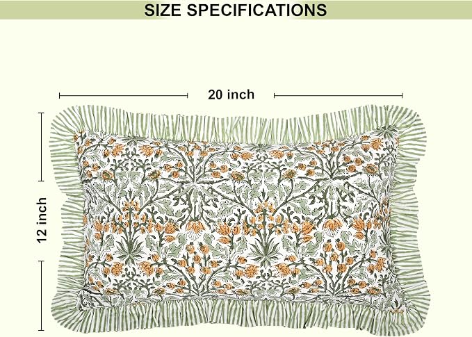 Ridhi Block Print Goldenrod Yellow Ruffle Lumbar Pillow Shams, 20" x 12" | 100% cotton, Floral Pillowcase, Cushion Cover, Hidden Zipper, Cottagecore Bedding, farmhouse boho style, fits couch, sofa,Bed