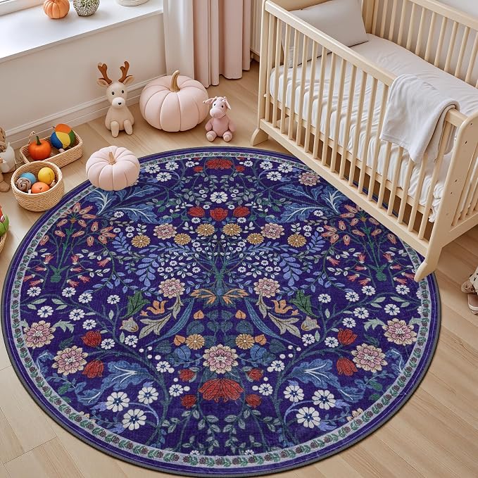 PLHXFR Round Area Rug Living Room: 6 ft Floral Washable Soft Carpet Blue | For Bedroom Dining Room Farmhouse Nursery Hallway,Vintage Floral,Machine washable,Non Slip,Stain Resistant,Large Indoor