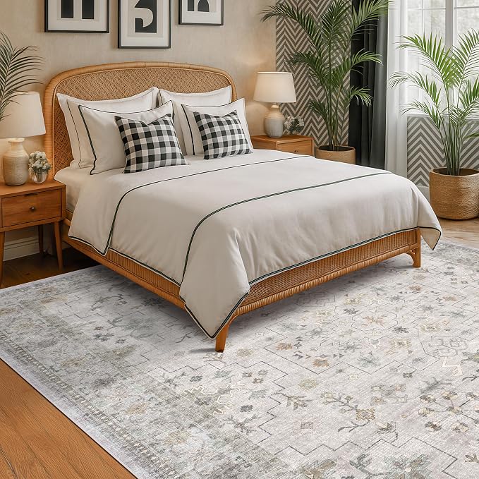 Light Gray & Sage Living Room Rug 8x10 - Washable Boho Low Pile Large Area Rug for Dining Room, Bedroom Carpet, Distressed Vintage Floral Design, Low Pile Stain Resistant