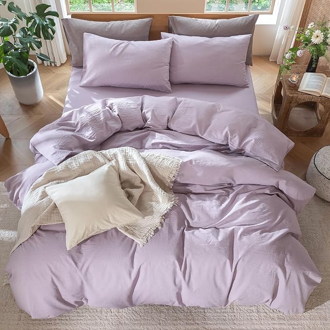 MooMee Duvet Cover Set 100% Washed Cotton Linen Like Queen | Relaxed Linen-like Texture. Soft, Breathable & Long-lasting Comfort. Lightweight. Hidden Zipper with 8 Interior Corner Ties