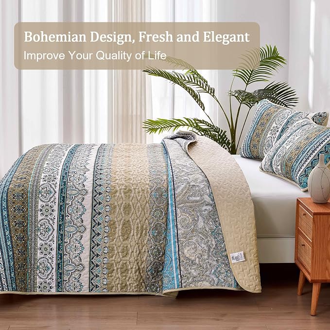 WONGS BEDDING Boho Quilt King Size,3 Pcs Bedspread Bedding Set, Blue Brown | Colorful Bohemian Striped Printed Bedding for All Season, Lightweight Microfiber Coverlet Set with 2 Pillowcases(104"x90")