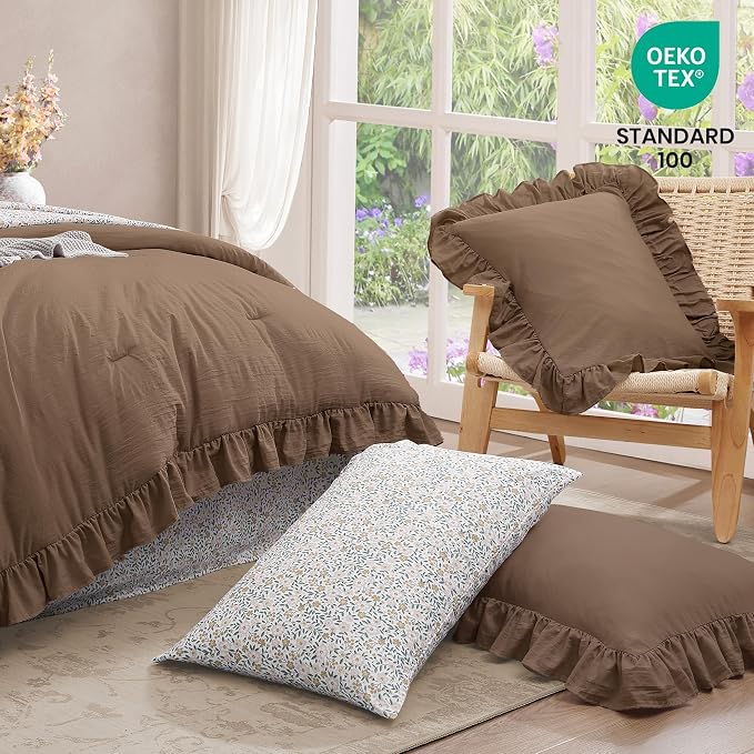 King Size Comforter Set-7 Pieces Ruffle Bedding Floral Sheet | Brown Bed in a Bag, Soft Lightweight All Season Farmhouse King Size Bedding Sets with Floral Sheets, Pillowcases & Shams