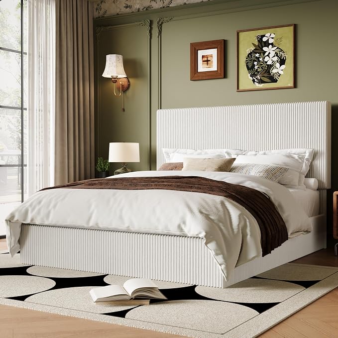 Allewie Full Bed Frame, Adjustable Corduroy Headboard, Platform, White | Adjustable Headboard, Corduroy Fabric, Low Profile, Wooden Slats, 800 lb Capacity, No Box Spring Needed