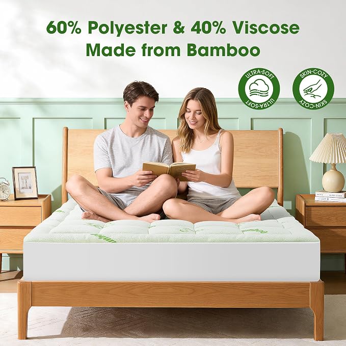 Mattress Pad Queen Size, Cooling Pillow Top Mattress Topper, Ultra Soft Viscose Made from Bamboo, Breathable for Hot Sleepers, Deep Pocket 8"-20", Green