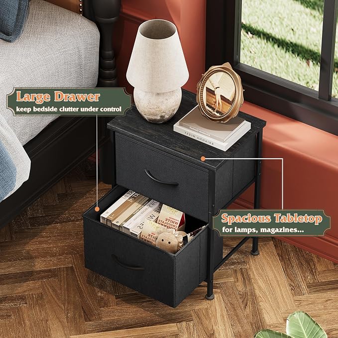 WLIVE Black Nightstand Set of 2, Night Stand with 2 Fabric Drawers, Small Dresser for Bedroom, Bedside Tables for Small Spaces, Dorm, Wood Top | Versatile Small Side Table, Sturdy Metal Frame & Adjustable Feet, 15-Min Quick-Assembly