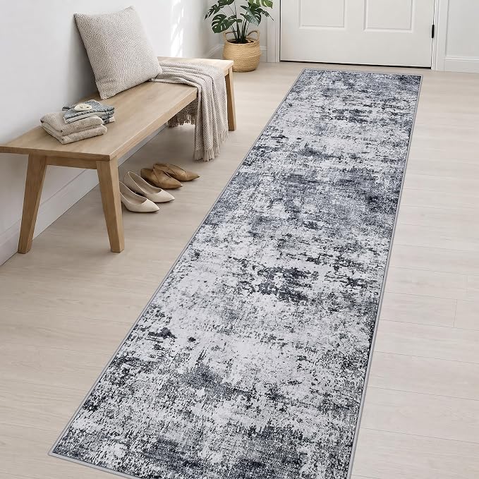 2.6x14 Washable Runner Rug:Modern Abstract Indoor Soft Carpet Grey | For Hallway, Bedroom, Kitchen, Laundry, Bathroom,Door Mat,Modern Abstract,Machine washable,Non-Slip,Stain Resistant,Indoor