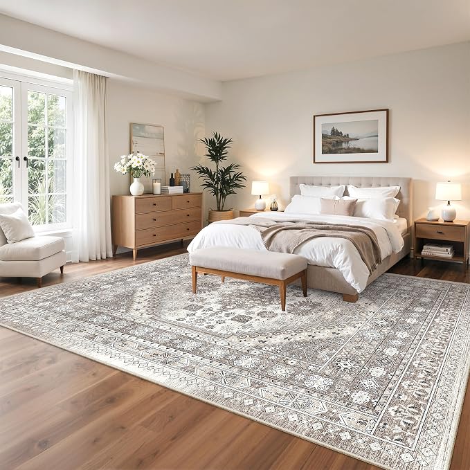 10x14 Area Rugs for Living Room,Large Washable Rug,Brown | Rugs for Bedroom,Dining Room,Office,Low Pile,Soft, Vintage Rug,Stain Resistant Indoor Carpet,Non Slip,Home Decor