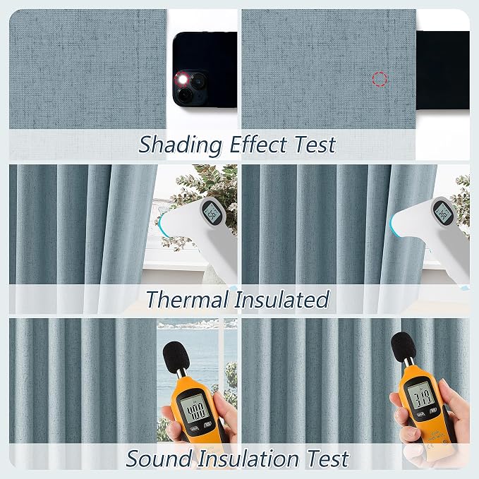Blue 100% Blackout Linen Curtains 108 Inch Length 2 Panels Set for Living Room Bedroom Back Tab Thermal Insulated Black Out Drapes Room Darkening Farmhouse Style for Bedroom Window Curtains