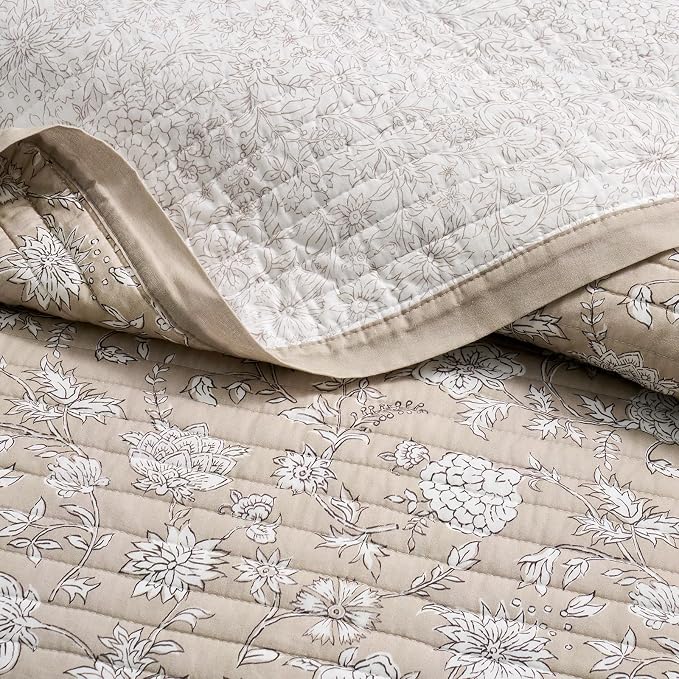 EverGrace 100% Cotton Floral Quilt Set, King Size, Sandstone Beige 108"×96" | Reversible Lightweight Bedspread Coverlet, Vintage Floral Farmhouse Bedding, Traditional Botanical Quilt with 2 Pillow Shams