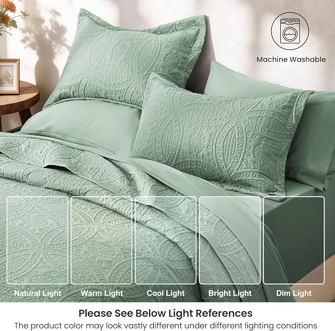 Love's cabin King Quilt Set Sage, Bed in a Bag King Size Bedding 7 Pieces, Ultrasonic Embossed Coin Pattern Comforter, Lightweight Bedspreads for All Seasons Quilt with Sheets, Pillowcases & Shams