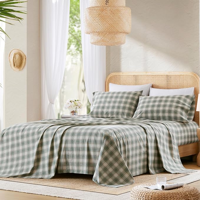 Comfort Spaces 100% Cotton Percale Sheets Twin XL Size 3 Pcs, Wesley Green | Crisp, Cool & Breathable Bed Sheets, 12" Deep Pocket Fits Up to 14" Mattress, Lightweight, All Season Cozy, with Pillow Case