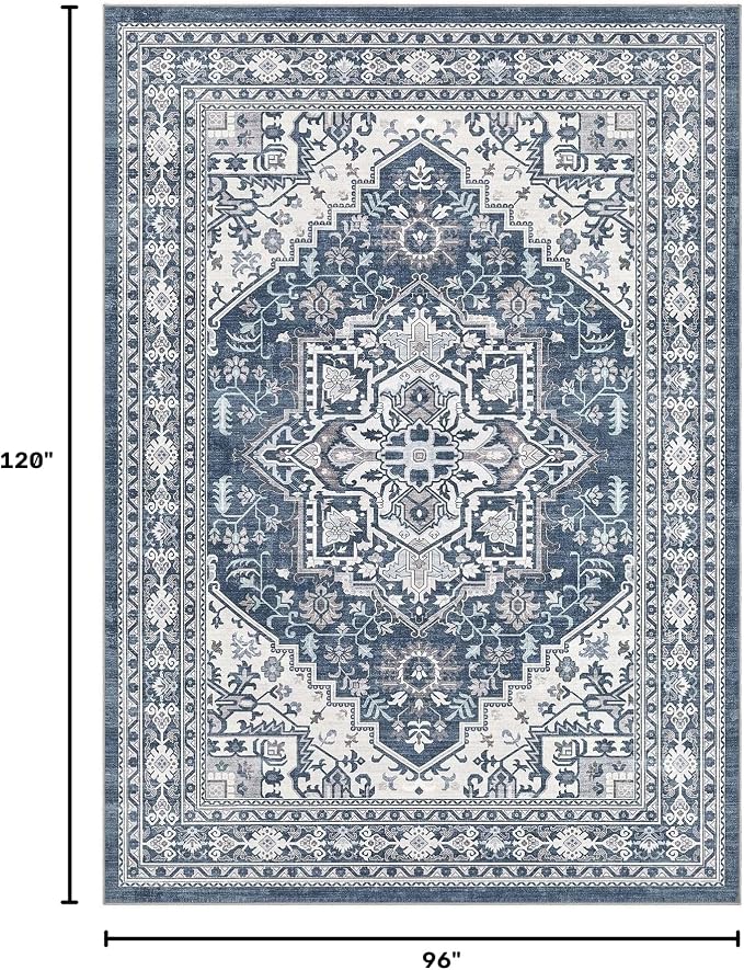 UERMEI 8x10 Area Rug for Living Room - Washable Vintage Carpet, Non-Slip Soft Large Indoor Floor Rugs for Bedroom Home Office & Under Dining Table Decor, Denim Blue/White