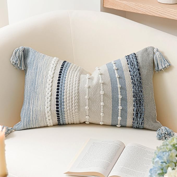 Decorative Lumbar Throw Pillow Cover 12x20 Coastal Blue Accent Cushion for Couch Sofa Farmhouse Pillowcase for Bedroom Living Room Home Décor Cover ONLY