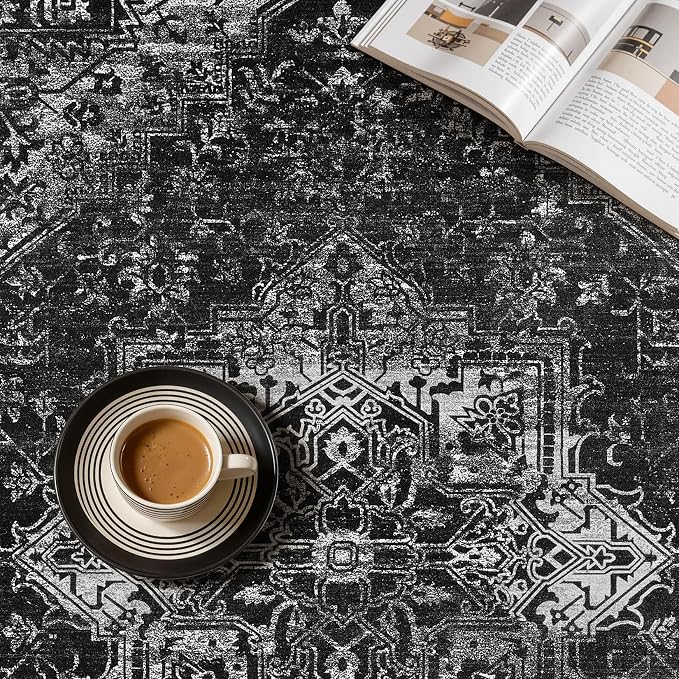 UERMEI 9x12 Area Rug Living Room Rugs - Washable Vintage Soft Large Rug Indoor Floor No Slip Rug Carpet for Bedroom Farmhouse Under Dining Table Home Office Decor - Black