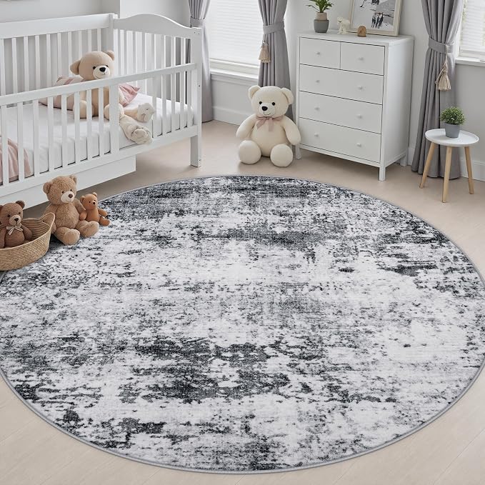 Round Area Rug Living Room: 6 ft Modern Washable Carpet Grey | For Bedroom Dining Room Farmhouse Nursery Hallway Office,Modern Abstract,Machine washable,Non-Slip,Stain Resistant,Indoor
