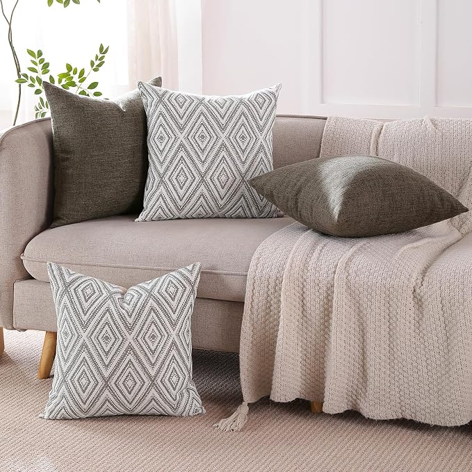 HPUK Throw Pillow Covers 18x18, Set of 4, Natural Couch Pillow Covers | Polyester fabric, patterned and solid designs, hidden zippers, machine washable, for sofas and beds, inserts not included