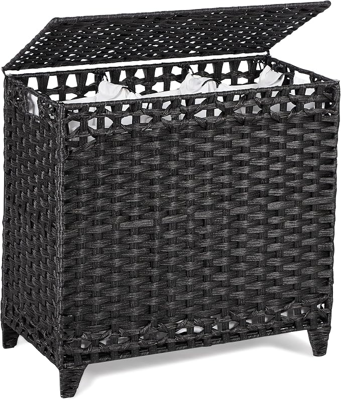 Laundry Hamper with 3 Removable Liner Bags, 132L Laundry Sorter with Lid | Raised Feet; Side Carry Handles; Handwoven PP Rattan; Rust-Resistant Iron Frame; Decorative Woven Design