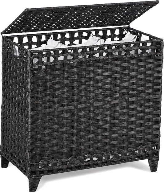 Laundry Hamper with 3 Removable Liner Bags, 132L Laundry Sorter with Lid | Raised Feet; Side Carry Handles; Handwoven PP Rattan; Rust-Resistant Iron Frame; Decorative Woven Design