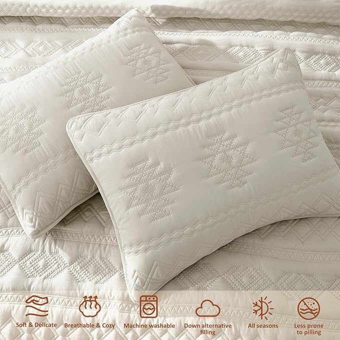 WDCOZY Beige Boho Quilt King Size Bedding Set with 2 Pillow Shams, Farmhouse Lightweight Soft Bedspread Coverlet for All Season, 3 Pieces, 104x90 inches