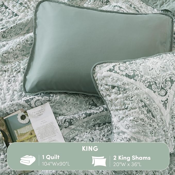 Comfort Spaces Gloria Boho King Size Quilt Set 3 Piece for Summer Green | Reversible Coverlet Bedspread, Soft All Season, Medallion Pattern, Winter Layer with Shams Modern Lightweight, Cozy Comfort