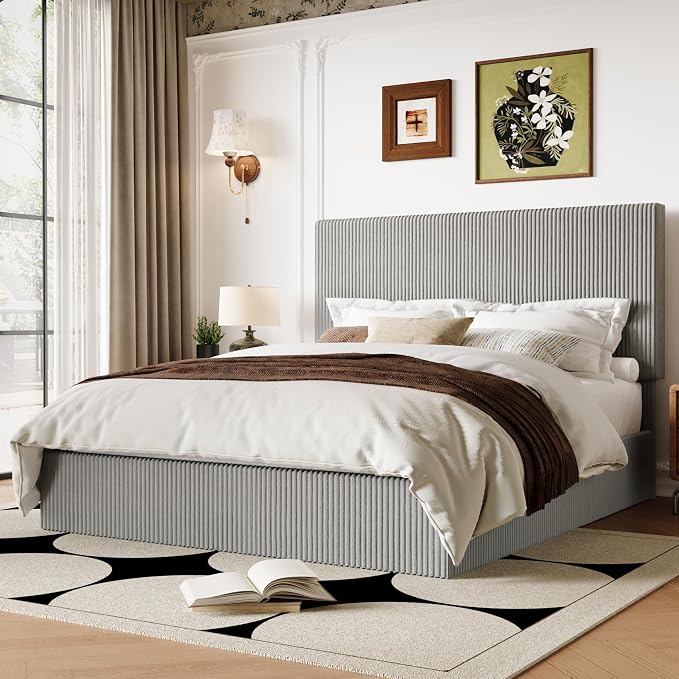 Allewie Queen Bed Frame, Adjustable Corduroy Headboard, Platform, Grey | Adjustable Headboard, Corduroy Fabric, Low Profile, Wooden Slats, 900 lb Capacity, No Box Spring Needed
