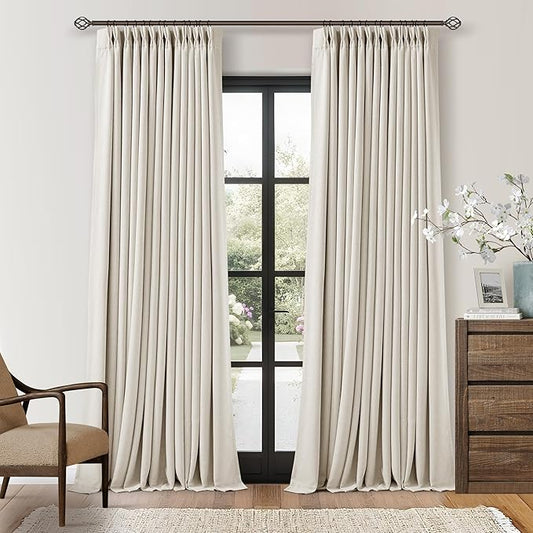 Natural Pinch Pleat Extra Long 120 Inch Blackout Curtains for Living Room | 100% Black Out, Flax Burlap, Beige Cream White, Pleated Drapes, Room Darkening, Luxury High Ceiling 120 Inch Windows Curtain