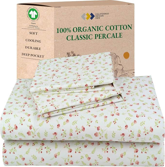 California Design Den 100% Organic Cotton Queen Size Sheets, Floral Print | GOTS Certified, Lightweight Crisp & Airy Percale For Hot Sleepers, 15" Deep Pocket, All-around Elastic, Easy Care