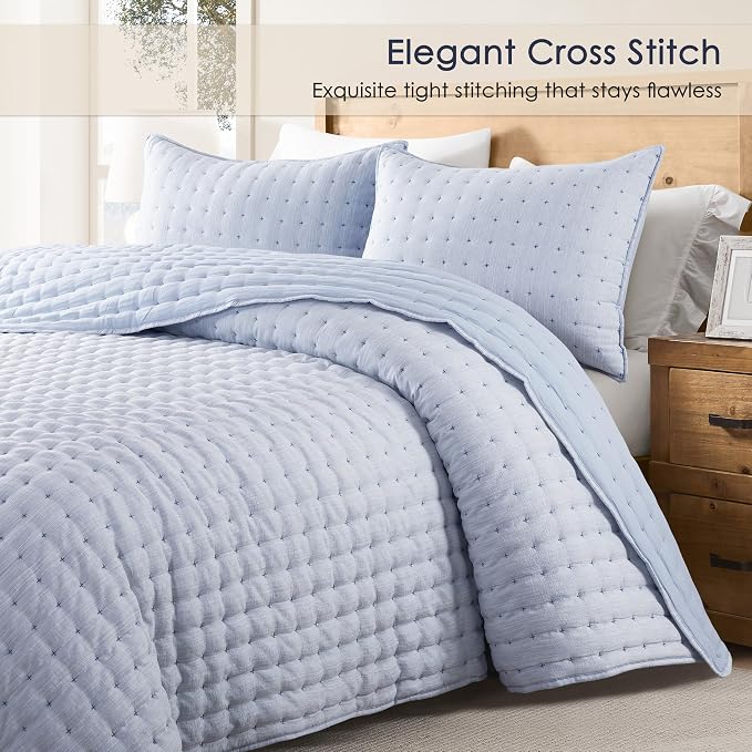 WDCOZY Blue Cloud Quilt Set King Size, Lightweight Soft Cross Stitch Bedspread, Textured Like Linen, Farmhouse Rustic Country Coverlet, Spring Summer Thin Comforter, 3 Pieces, 104x90 inches
