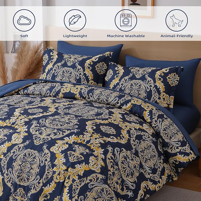 WONGS BEDDING Blue Gold Comforter Set King Size, Damask Texture 7 Pieces Bed in a Bag Microfiber Comforter Bedding Sets -1 Comforter, 1 Flat Sheet, 1 Fitted Sheet, 2 Pillow Shams, 2 Pillowcases