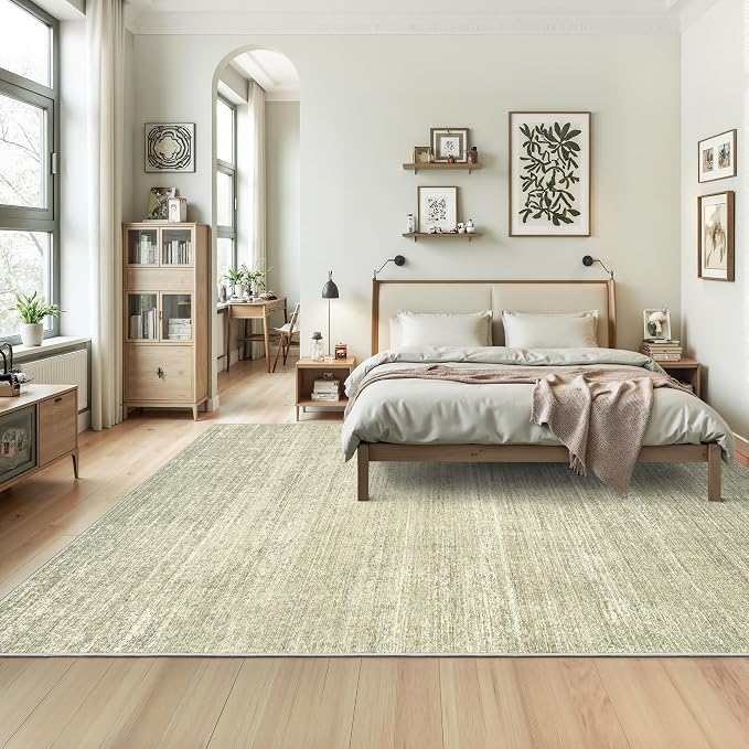 6x9 Area Rugs Non Slip, Large Washable Rugs for Living Room, Green | Soft Low Pile, Thin & Lighweight Carpet, Folable Stain Resistant Modern Indoor Floor Mat for Bedroom, Dining Room, Home Decor