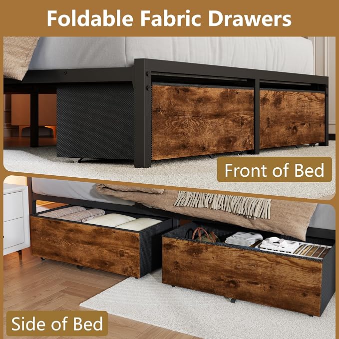Forestell Queen Bed Frame with Wood Headboard,2 Storage Drawers & Shelf | Built-in Charging Station & LED Lights, Metal Support, No Box Spring Needed, noise-free, easy assembly, Smart RGB, USB+Type-C