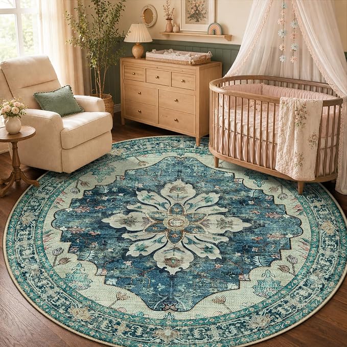 RELEANY Washable Area Rug, Round 5ft, Blue/Vintage Dark Blue | Non-Slip, Water Repellent, Pet Friendly, Easy to Clean, Vintage Floral Boho Decor for Living Room Bedroom Dining Room
