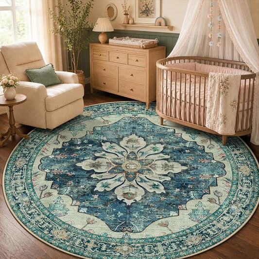 RELEANY Washable Area Rug, Round 5ft, Blue/Vintage Dark Blue | Non-Slip, Water Repellent, Pet Friendly, Easy to Clean, Vintage Floral Boho Decor for Living Room Bedroom Dining Room