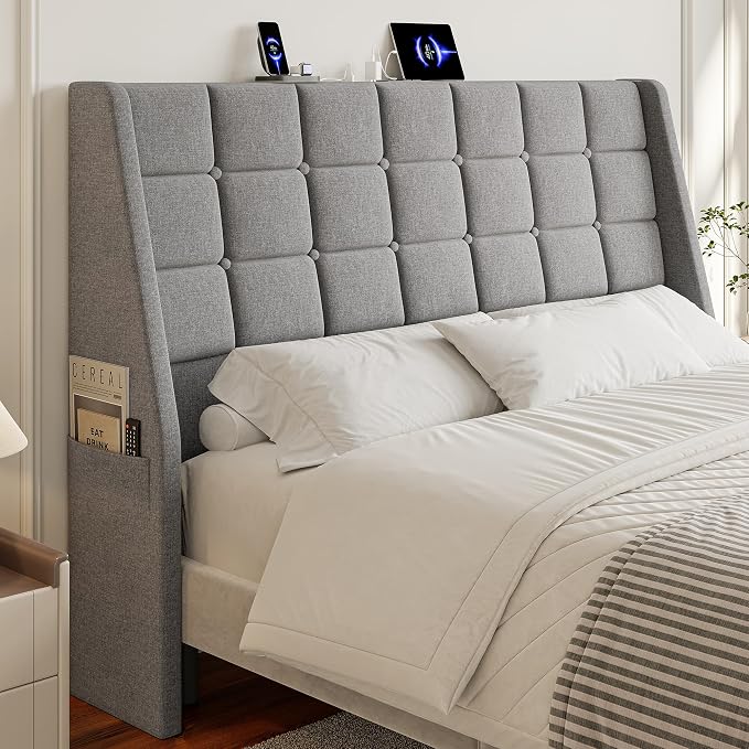 Queen Size Headboard with Charging Station, Wingback Ergonomic Headboards | Wingback Upholstered Bed Head Board with Storage Pocket, Sturdy Stable Solid Wood Headboard, Bed Frame Adapters, Light Grey