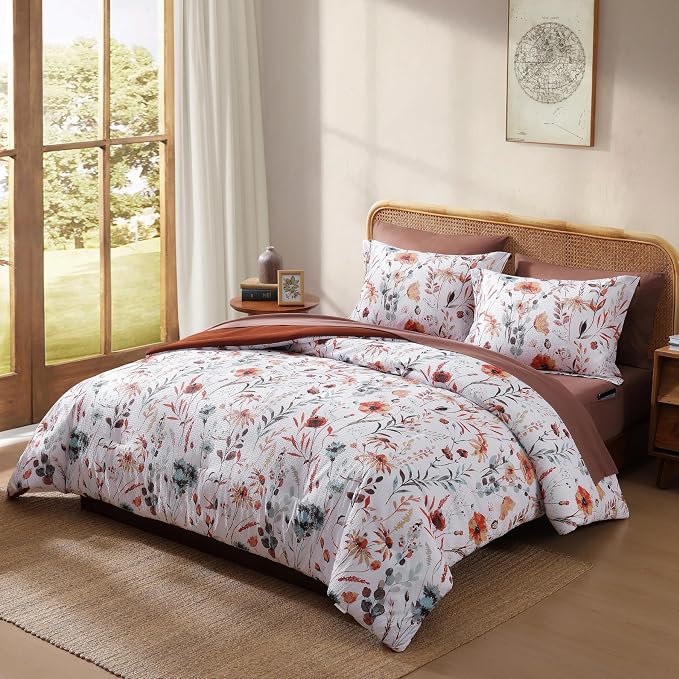 King Size Comforter Set-7 Pieces Floral Bed in a Bag King Bedding Set | Terracotta Botanical Texture Flowers Comforter Set with Sheets, Pillowcases & Shams for All Seasons