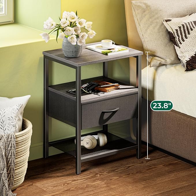 Huuger Nightstand Set of 2, Night Stand with Fabric Drawer, Mesh Shelf | side Table with Storage, Fabric Drawer Dresser, Open Shelf, Metal Frame, Bedroom, Charcoal Gray