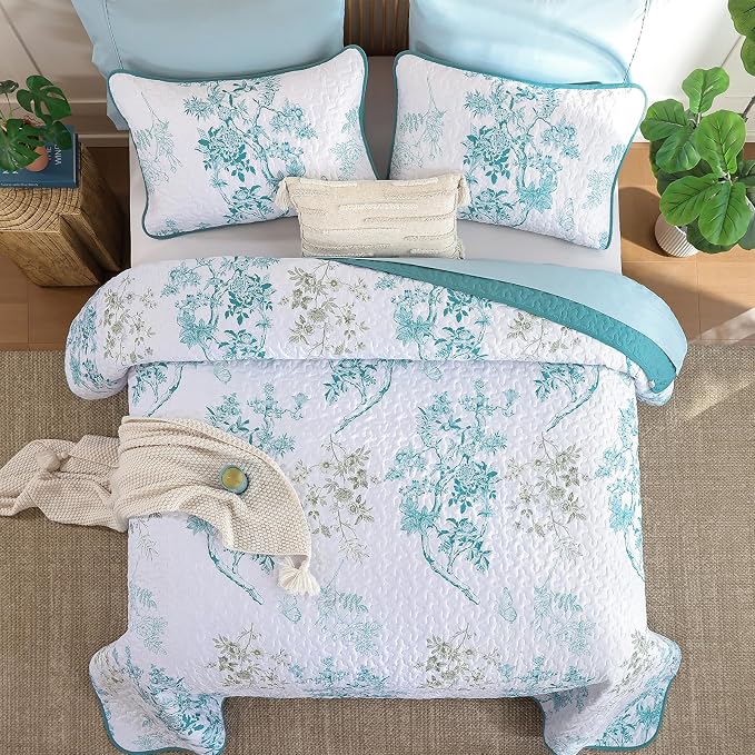 WONGS BEDDING Floral Quilt Set Full, 3 Pcs Teal Bedspreads Coverlets | Spring Summer Floral Farmhouse Bedspread with 2 Shams,Soft Microfiber Lightweight Coverlet for All Season 78"×90"