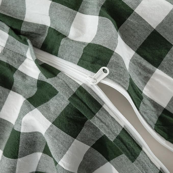 BESTOUCH Gingham Cotton Duvet Cover Set Green Full | Washed Cotton, Linen Feel, Soft Wrinkle Texture, Hidden Zipper, 8 Ties, Breathable Lightweight Durable Comfy, 3 Pcs No Insert