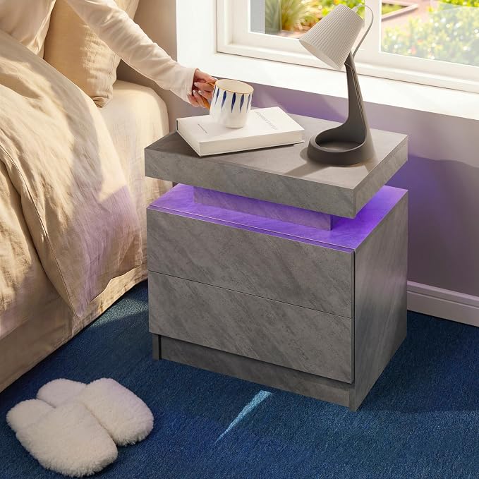 i-aplus LED Nightstand with Wood 2 Drawers Modern Bedside Table for Bedroom | Nightstands with App-Controlled RGB LED Lights, Night Stand with Storgae Drawer, Modern Bedside Table for Bedroom
