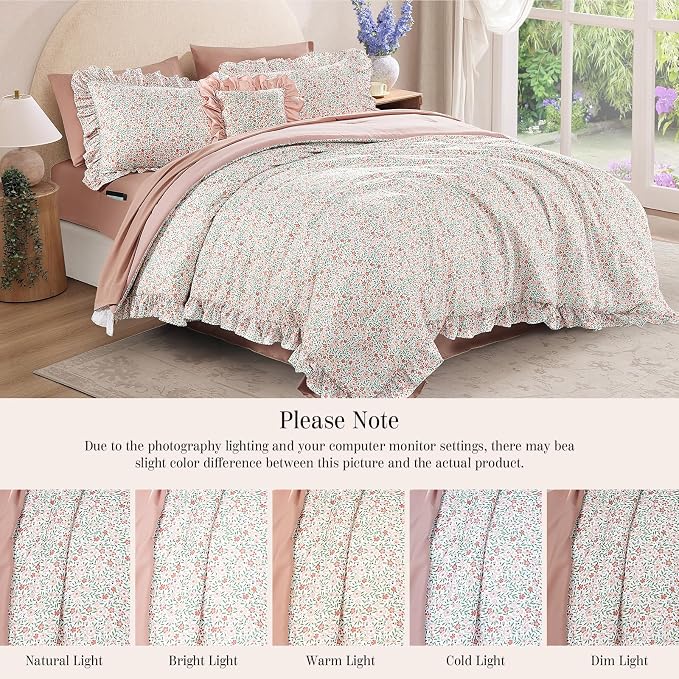 Queen Comforter Set-7 Pieces Floral Ruffle Bedding Set | Pink Ditzy Bed in a Bag, Soft Lightweight All Season Farmhouse Queen Bedding Sets with Sheets, Pillowcases & Shams