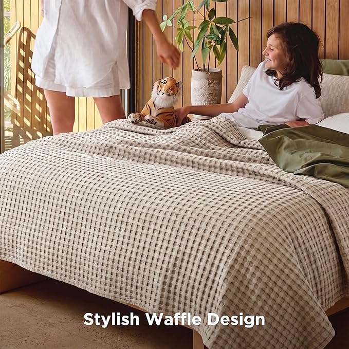 Bedsure Cooling Waffle Full Size Blanket - Lightweight Cotton Blanket for Hot Sleepers, Luxury Throws for Bed, Couch and Sofa, Khaki, 80x90 Inches