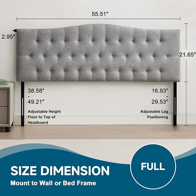 Tufted Upholstered Full Size Headboard Only, Adjustable 38-50 in, Gray | Full Headboard for Full Size Bed, Durable Linen Fabric Headboards, Modern Diamon Design Wood Head Board