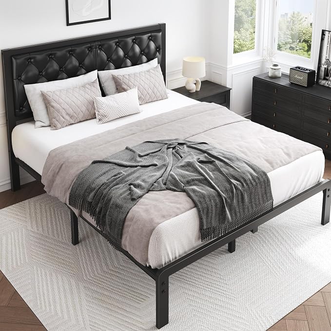 HISOFT Queen Bed Frame with Upholstered Button Tufted Headboard, Bed Frame Platform Metal Slats Support, Under Bed Storage, No Box Spring Needed, Noise-Free, Easy Assembly, Black